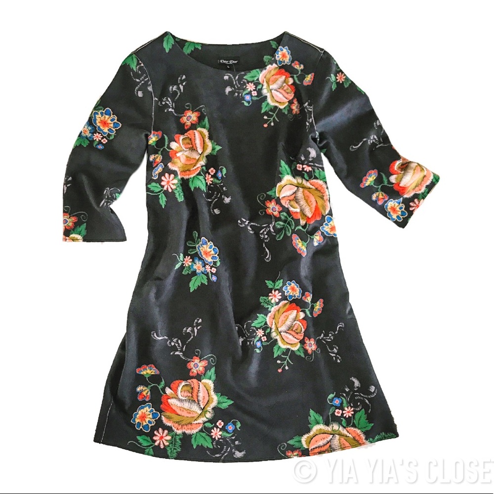 Faux Suede Floral 3/4 Sleeve Dor Dor Couture Shift Dress SZ L NWOT